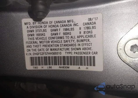 2017 Honda Civic Lx from USA, damaged, VIN 2HGFC2F57HH569310